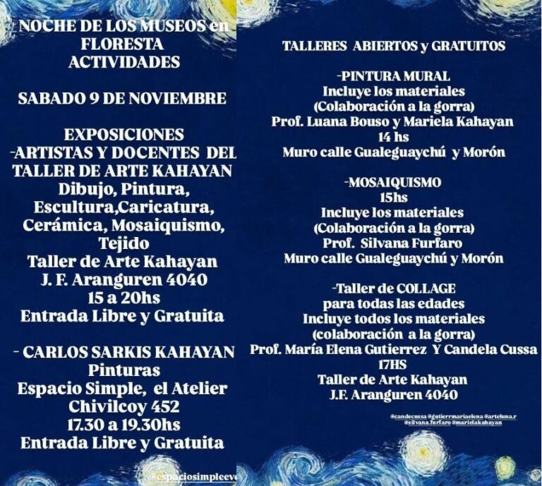 9 DE NOVIEMBRE, DESDE 14 HS: NOCHE DE LOS MUSEOS EN FLORESTA – TALLER DE ARTE KAHAYAN.