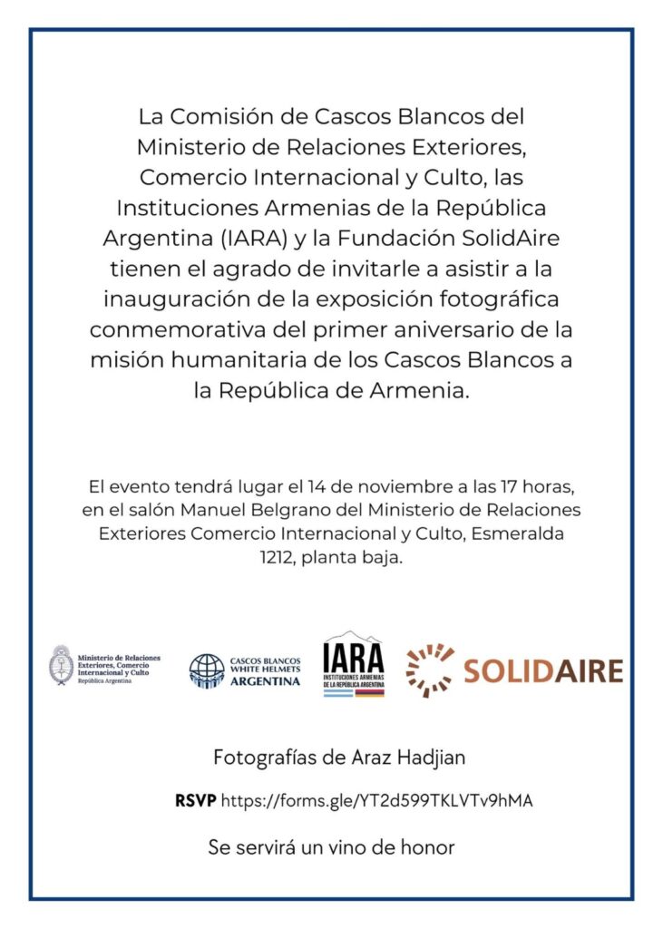 CANCELADO-14 DE NOVIEMBRE, 17 HS EN CANCILLERÍA ARGENTINA: MUESTRA FOTOGRÁFICA DE ARAZ HADJIAN SOBRE AYUDA HUMANITARIA ENVIADA A DESPLAZADOS DE ARTSAJ.