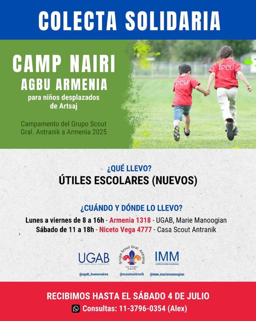 HASTA EL 4 DE JULIO, EN SCOUTS ANTRANIK- IMM – UGAB BS AS: COLECTA SOLIDARIA PARA NIÑOS DESPLAZADOS DE ARTSAJ.