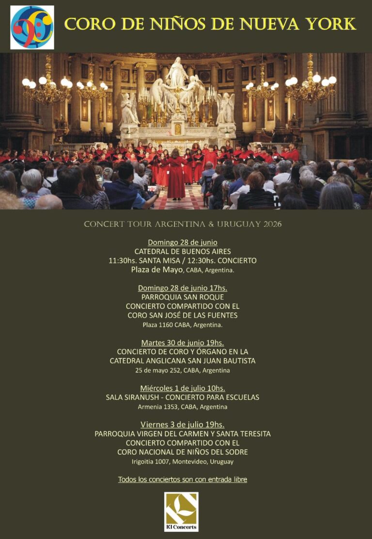CORO DE NIÑOS DE NUEVA YORK: CONCIERTOS GRATUITOS EN BUENOS AIRES Y MONTEVIDEO – INVITA EL PROF. ANDRÉS ISTEPHANIAN – 1° DE JULIO EN SALA SIRANUSH, PARA ESCUELAS.