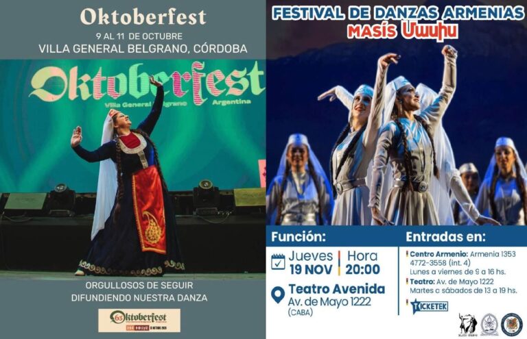CONJUNTO DE DANZAS ARMENIAS MASÍS: 9 AL 11 DE OCTUBRE EN OKTOBERFEST, CÓRDOBA- 19 DE NOVIEMBRE, RECITAL EN TEATRO AVENIDA DE BS AS.