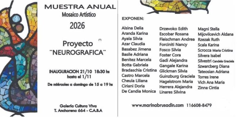 DESDE 21-10 18 HS EN GALERÍA CULTURA VIVA: ADRIANA TATEOSIAN EXPONE EN MUESTRA DE MOSAICO ARTÍSTICO – TALLER MARINA BRUSADIN.
