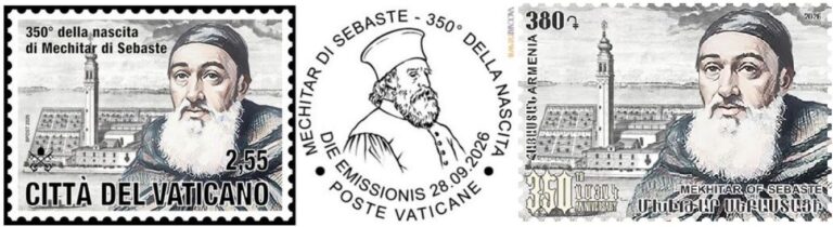 EMISIÓN DE ARMENIA Y EL VATICANO: SELLOS POR EL 350° ANIVERSARIO DE MKHITAR SEBASTATSÍ, FUNDADOR DE LA CONGREGACIÓN MKHITARISTA.